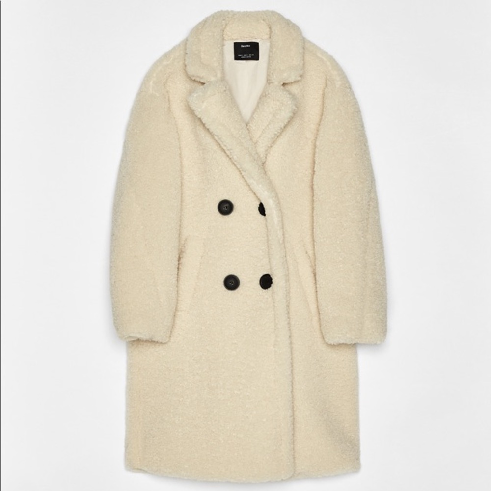 Long faux shearling double-breasted coat in cream - Picture 1 of 8